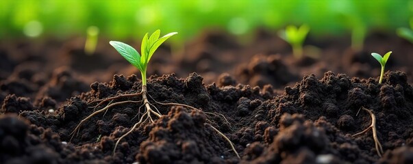 Intricate Root System in Dark, Rich Soil A Close-Up View of Plant-Soil Interaction