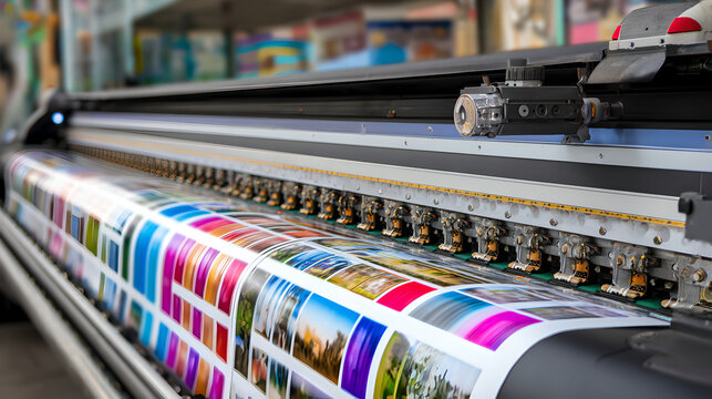 A large format inkjet printer produces a roll of colorful printed media.
