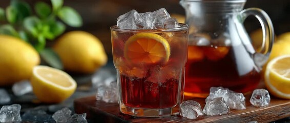 Ice crystals and refreshing iced tea in a glass pitcher - Powered by Adobe