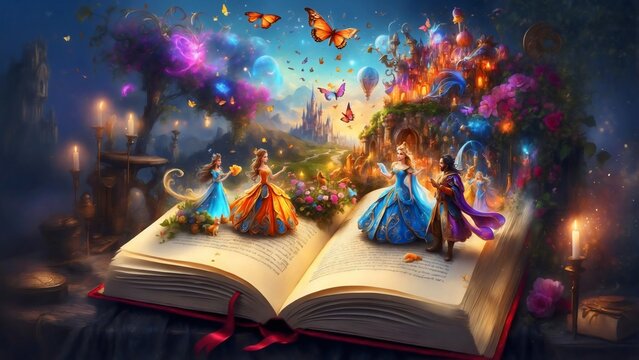 A fantasy scene unfolds within the pages of a storybook, featuring a princess, butterflies and castles. A world of magic and dreams come to life