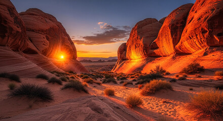 Golden hour bathes the red rock formations of wadi rum, jordan, creating a stunning desert landscape with the sun peeking through the canyon walls