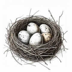 Obraz premium Six Speckled Bird Eggs in Twig Nest Against White Background Illustration