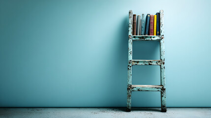 A weathered, blue-painted ladder repurposed as a minimalist bookshelf against a wall.
