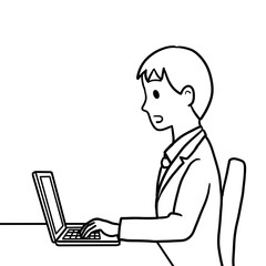 驚いた表情の男性　パソコン作業中（線画のみ・横向き）