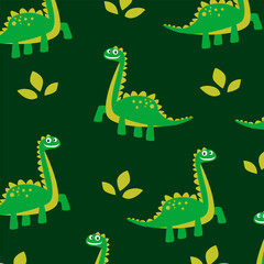 kids apparel fullprint green brontosaurus dinosaur vector cartoon seamless pattern design © Rizki