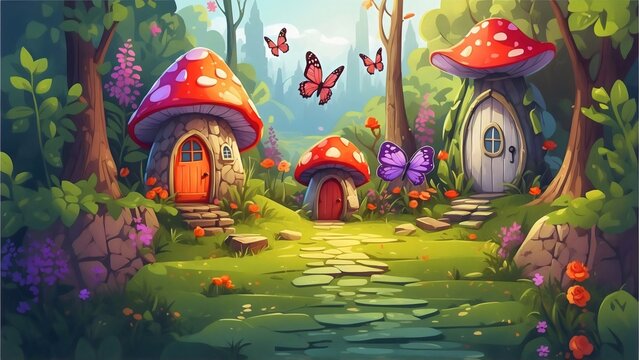 Whimsical Mushroom Houses in a Fairy Garden with butterflies fluttering around 