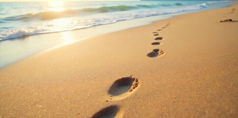 Sunlit Footprints in Soft Brown Sand Lead to the Ocean Peaceful Summer Beach Scene