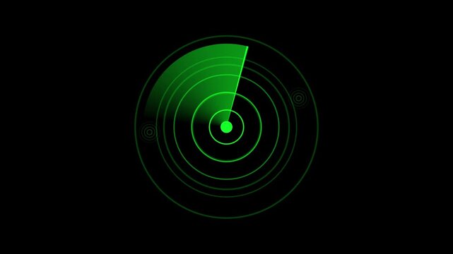 Digital communication radar HD animation showing rotating sonar waves. Technology scanning system detecting targets on dark screen. 4K radar circle search signal design background.