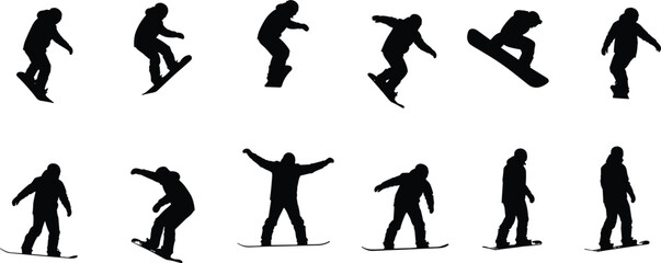 Silhouette of snowboarder jumping, performing tricks, snowboarding action pose, winter extreme sport, athlete balance, mountain adventure, freestyle snowboard motion, competition scene