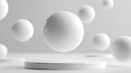 Harmonious interplay of white spheres on minimalistic platform presentation