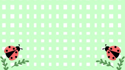 Fototapeta premium Green gingham with ladybug and cherry border. Ladybug and cherry border on a green gingham background, designed as a cute frame layout for children’s artwork, invitations, or nursery decoration.