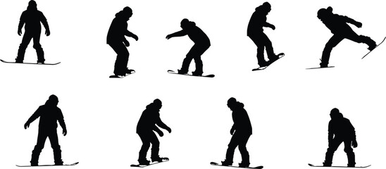 Silhouette of snowboarder performing tricks, winter extreme sport action, mountain slope balance, freestyle motion, outdoor adventure, athlete riding snowboard, snow activity