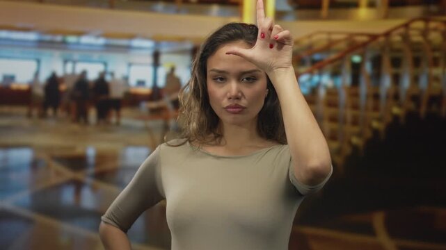 Young hispanic woman making loser gesture with hand framing an l shape on forehead in hotel building lobby; mockery.