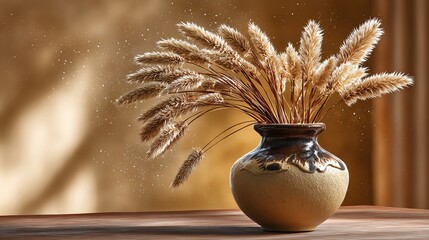Elegant dried wheat in a rustic vase, creating a warm and inviting atmosphere in home decor.