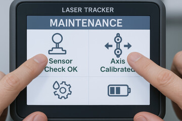 Laser tracker maintenance screen with sensor check and axis calibration options in industry device interface