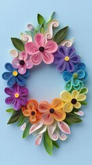 Botanical scene Vibrant Quilling Paper Flower Art on Blue Background in pastel tones