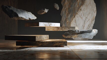 Suspended stone podium platform, modern display for product presentation background
