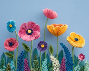 Botanical scene Vibrant Quilling Paper Art of Colorful Flowers on Blue Background in seamless format