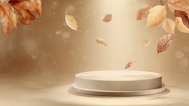 Seasonal stage: warmth and balance with autumn inspirations. Sharp image. Serene showcase: podium in warm tones with autumnal accents. Modern style. Copy space.