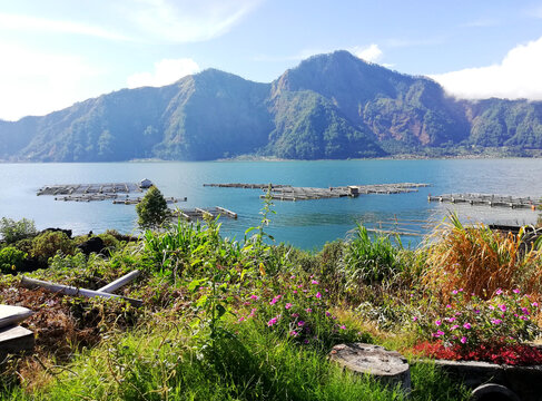 Landscape of  mount Batur and surround at Bangli regency of Bali Indonesia with blue sky