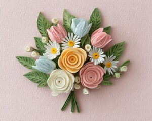 Tech-inspired design Intricate Paper Quilling Floral Bouquet on Textured Background in seamless format