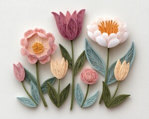 Minimalist background Intricate Paper Quilling Art of Colorful Flowers on White Background with soft shadow