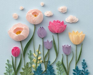 Muted abstract Colorful Paper Quilling Floral Art on Light Blue Background in seamless format