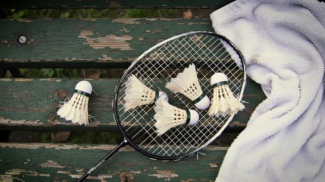 Worn badminton racket and shuttlecocks on a wooden bench