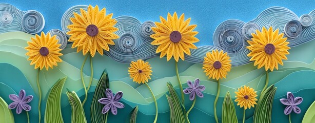 Botanical scene Colorful Paper Quilling Floral Art with Sunflowers and Abstract Clouds in flat lay style