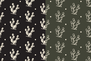 barrel cactus, desert plant retro illustration pattern on black green background set for western. round cactus, arid flora vintage doodle motif wallpaper. succulent hand drawn silhouette pattern
