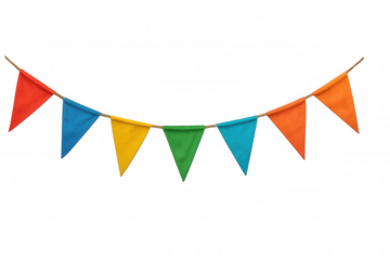 Colorful party flags bunting garland for celebration event decoration, festive pennant banner on transparent background