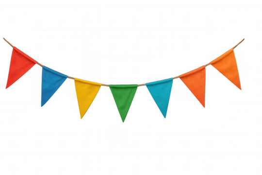 Colorful party flags bunting garland for celebration event decoration, festive pennant banner on transparent background