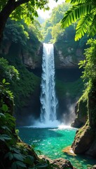 Cascading Tropical Waterfall Framed by Lush Green Foliage, Sunlight Dapples Crystal Clear Pool Below - Perfect for Relaxation and Travel