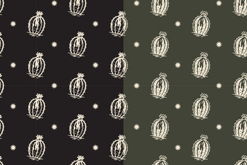 barrel cactus, desert plant retro illustration pattern on black green background set for western. round cactus, arid flora vintage doodle motif wallpaper. succulent hand drawn silhouette pattern
