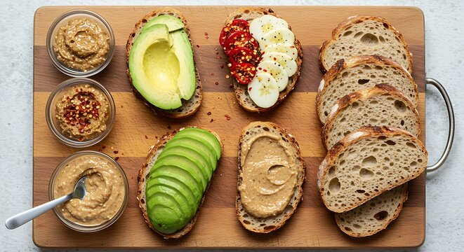 Toast Bar concept with an emphasis on plant-based ingredients: avocado slices,various seed butters,chili flakes,wholesome sourdough bread,brightly lit from above,presented as deconstructed ingredients