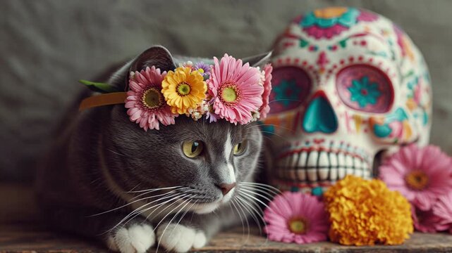 Day Of The Dead, Gray Cat with Floral Crown Beside Colorful Skull Creates Whimsical and Artistic Scene