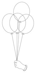 continuous line art of a hand holding several balloons