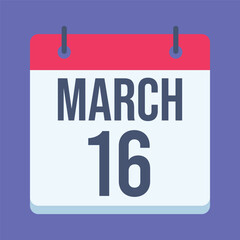 16 March Calendar. Blue Background. Isolated Vector Calendar.