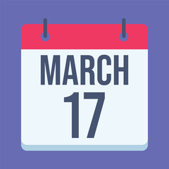 17 March Calendar. Blue Background. Isolated Vector Calendar.