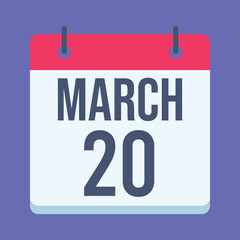 20 March Calendar. Blue Background. Isolated Vector Calendar.