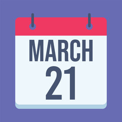 21 March Calendar. Blue Background. Isolated Vector Calendar.