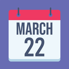 22 March Calendar. Blue Background. Isolated Vector Calendar.