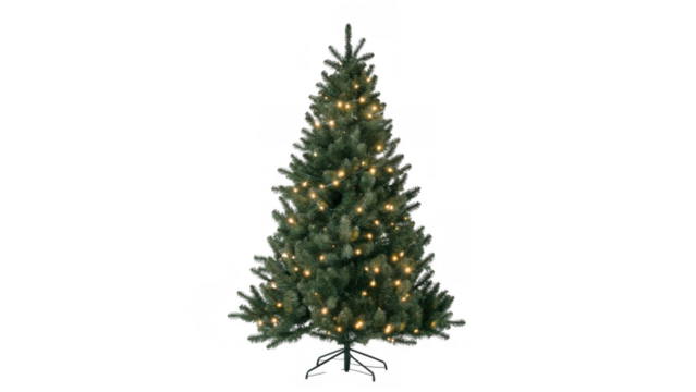 Lit green artificial Christmas tree, created AI, PNG