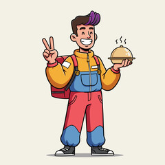 Smiling cartoon character with backpack holds steaming dish and makes peace sign, wearing colorful outfit on purple background.
