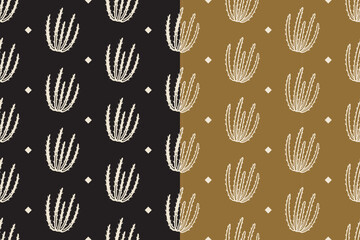 ocotillo desert plant with diamond retro illustration pattern on black tan background set for western. succulent cactus vintage doodle motif wallpaper. arid botanical hand drawn silhouette pattern
