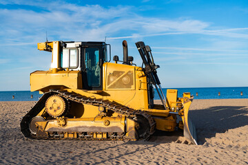 Industrial heavy equipment. Bulldozer or dozer machinery. Old heavy equipment of bulldozer with sand in bucket. Bull dozer heavy machinery. Construction dozer