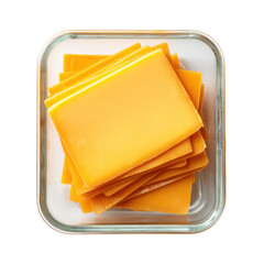 Stack of cheddar cheese slices in glass container isolated on transparent background