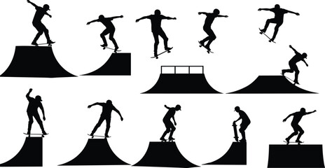 Silhouette skateboarders performing tricks on ramps, freestyle skateboarding action, urban extreme sports, balance and motion on half pipes