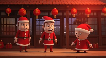 Festive Christmas Characters in Traditional Setting with Lanterns.