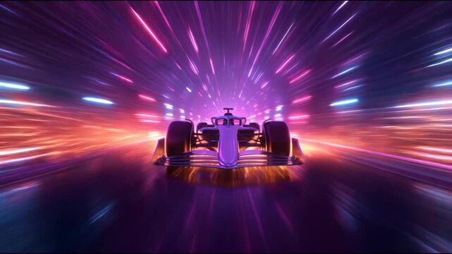 Generic race car driving at high speed through a futuristic tunnel with colorful neon lights